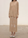 SWAYING 2025 Fall/Winter Collection: Beaded Alpaca Wool Sweater/Skirt Set SW-SW25AW3B05C1S2-XING (Floral design, beige color) Skirt (SW25AW1T07C1S4)